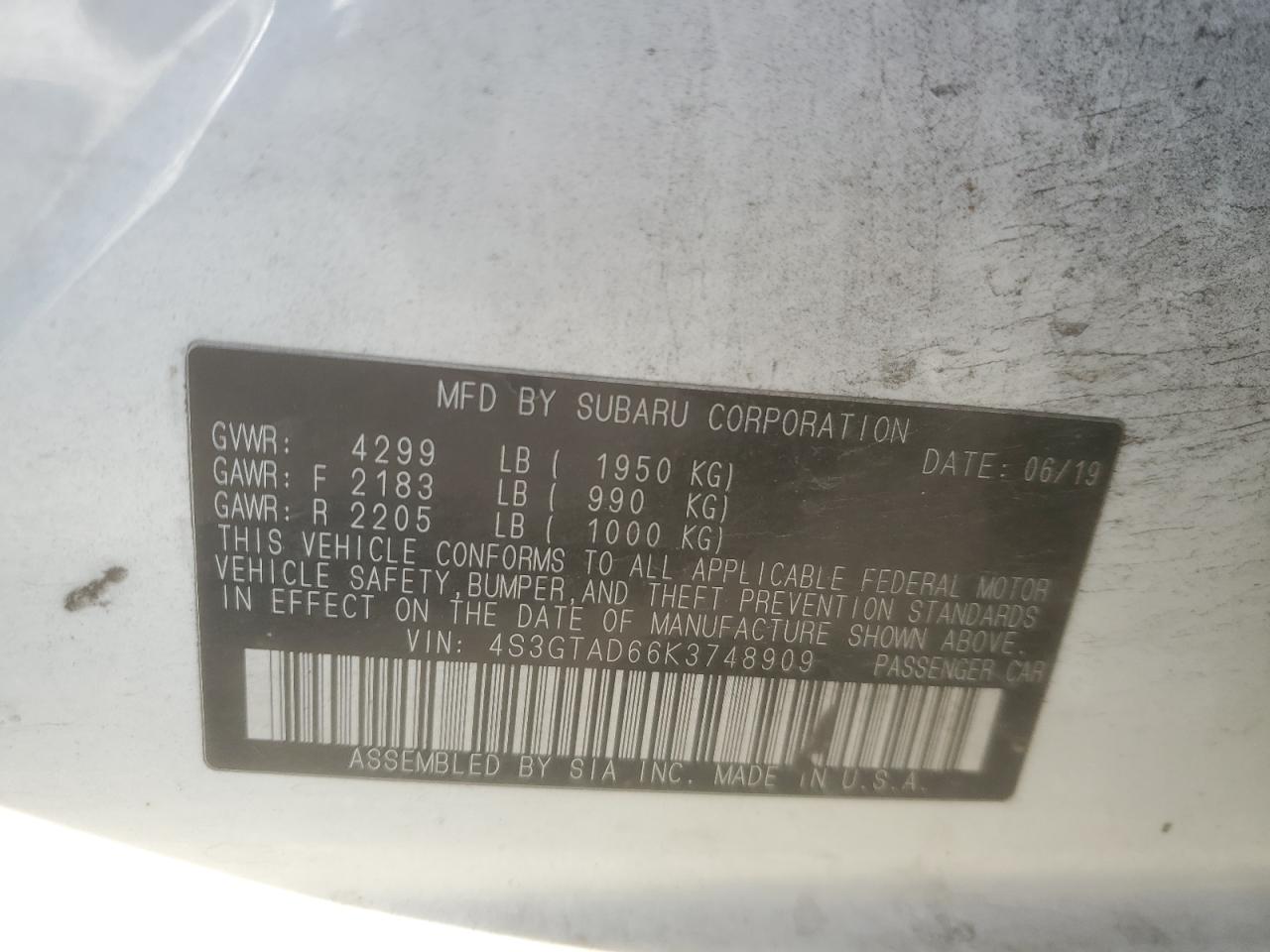 2019 Subaru Impreza Premium VIN: 4S3GTAD66K3748909 Lot: 92406465