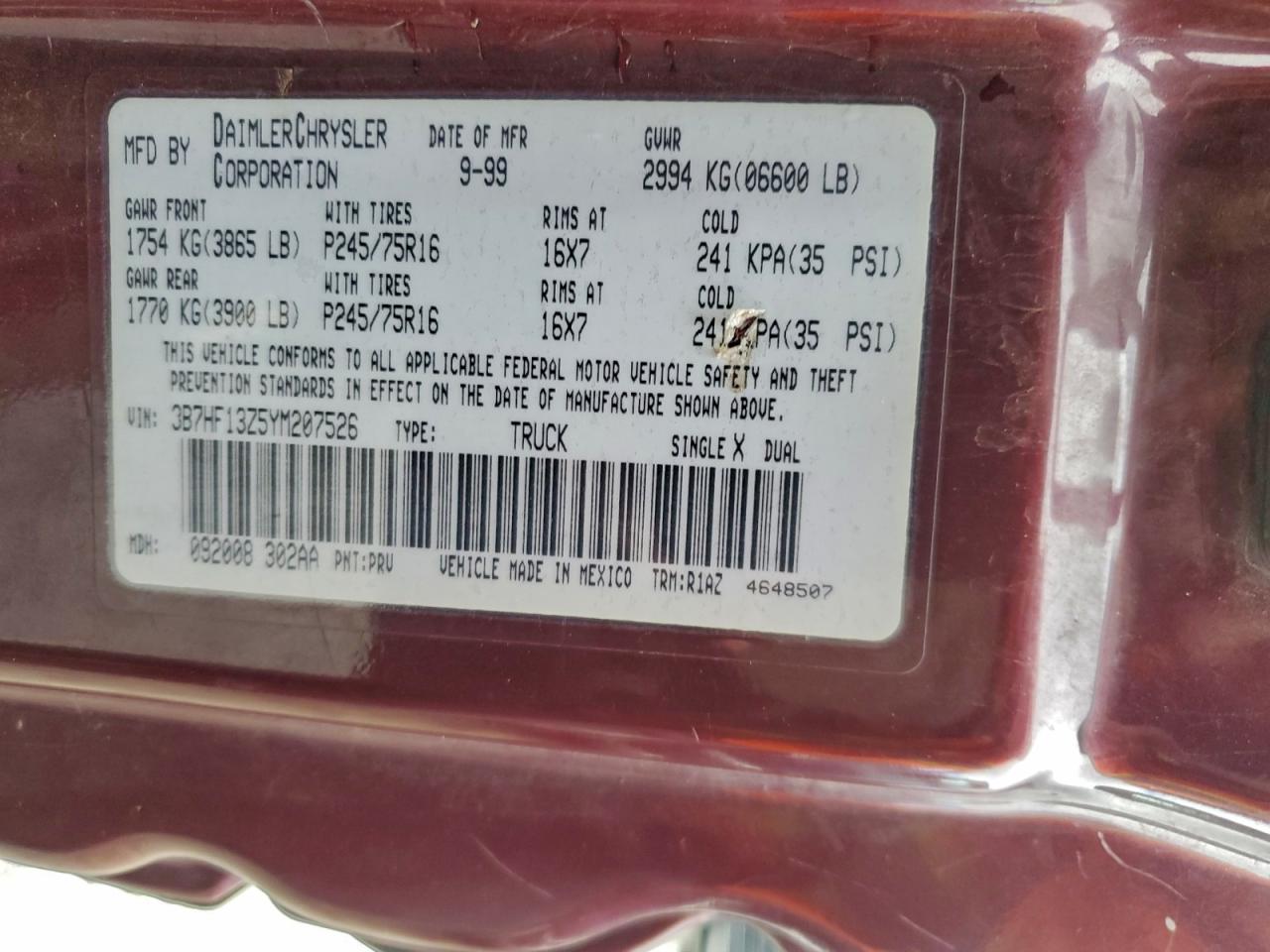 2000 Dodge Ram 1500 VIN: 3B7HF13Z5YM207526 Lot: 93762625