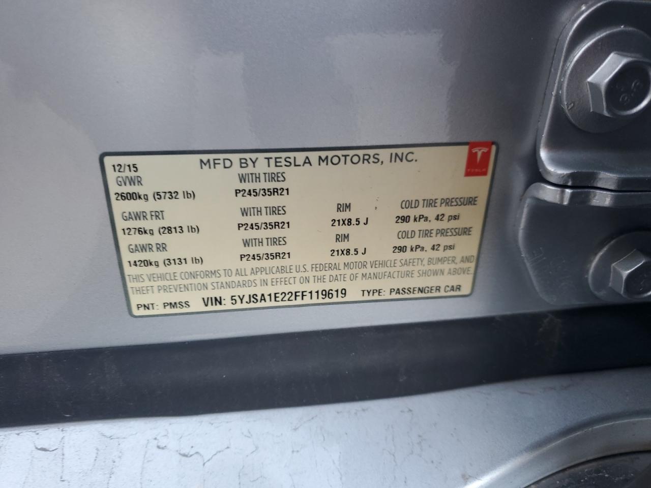 2015 Tesla Model S VIN: 5YJSA1E22FF119619 Lot: 93091905