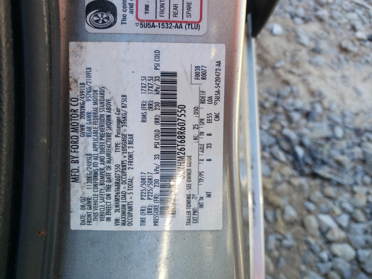 2008 Lincoln Mkz VIN: 3LNHM26T68R607550 Lot: 91361835