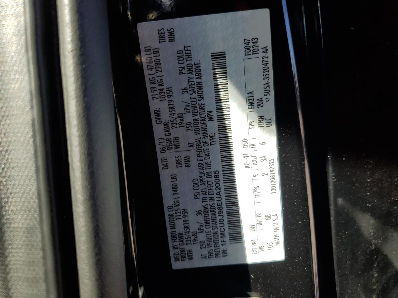 2014 Ford Escape Titanium VIN: 1FMCU0J98EUA20085 Lot: 91457325