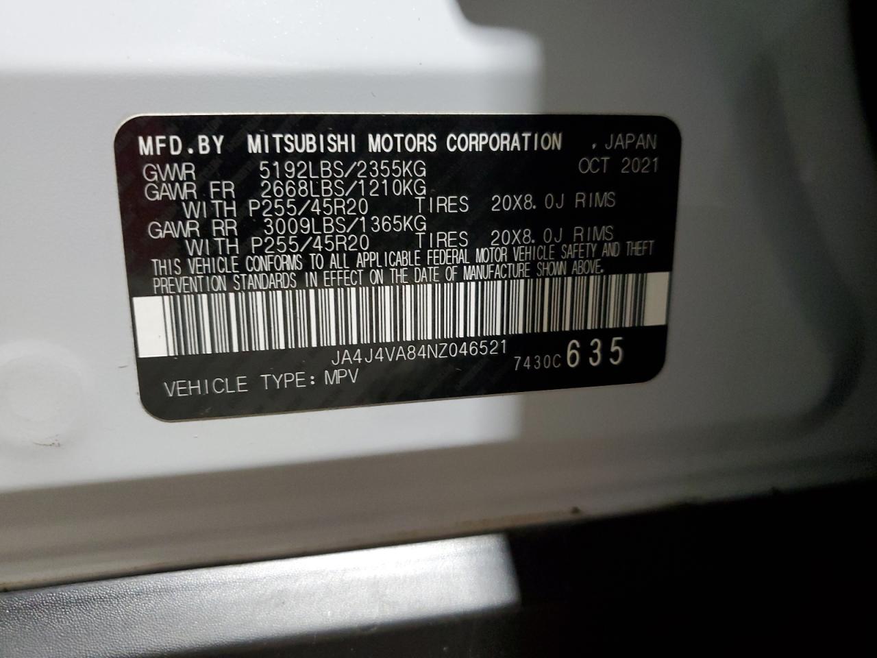2022 Mitsubishi Outlander Sel VIN: JA4J4VA84NZ046521 Lot: 91361495