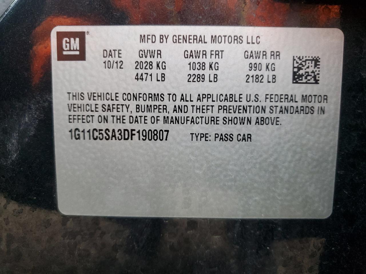 2013 Chevrolet Malibu 1Lt VIN: 1G11C5SA3DF190807 Lot: 92982915