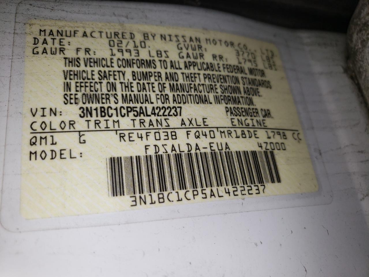 2010 Nissan Versa S VIN: 3N1BC1CP5AL422237 Lot: 92215895