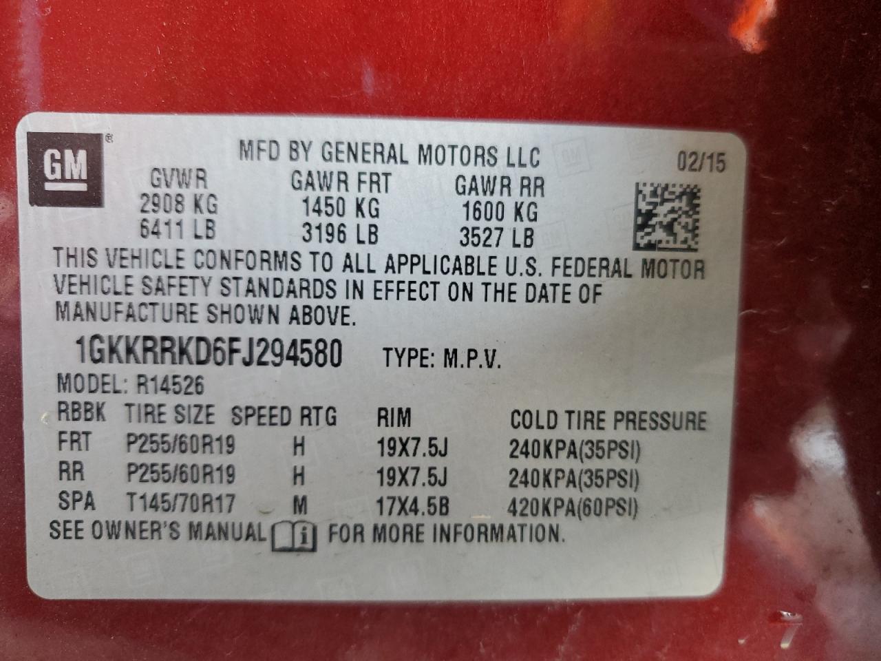 2015 GMC Acadia Slt-1 VIN: 1GKKRRKD6FJ294580 Lot: 91870315