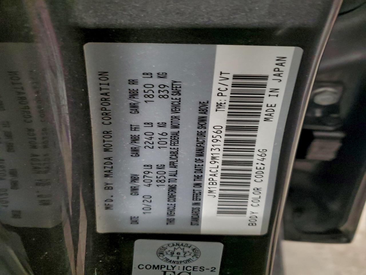 2021 Mazda 3 Preferred VIN: JM1BPACL9M1319560 Lot: 94647275