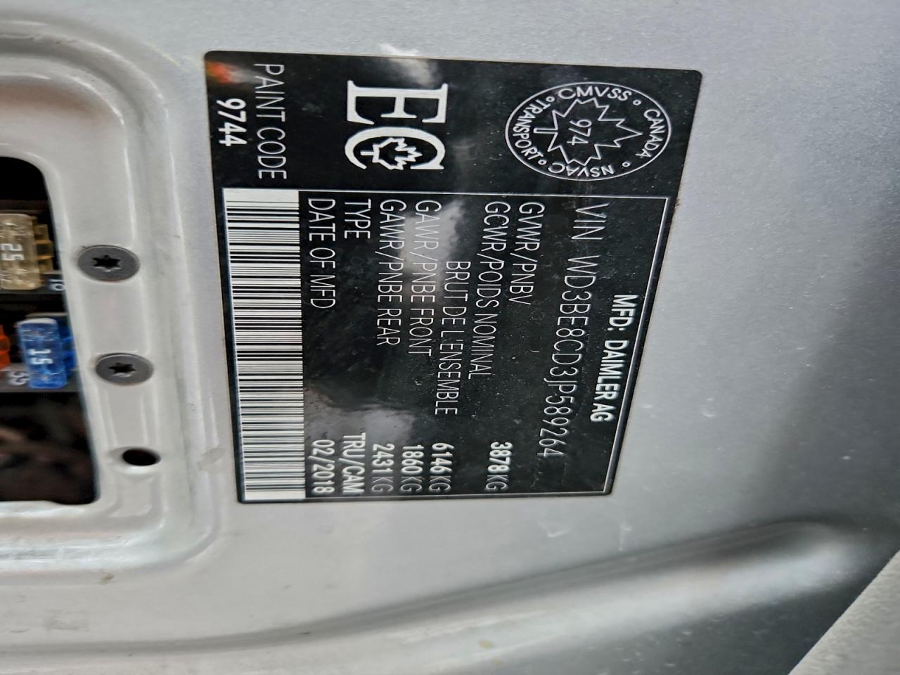 2018 Mercedes-Benz Sprinter 2500 VIN: WD3BE8CD3JP589264 Lot: 93443915