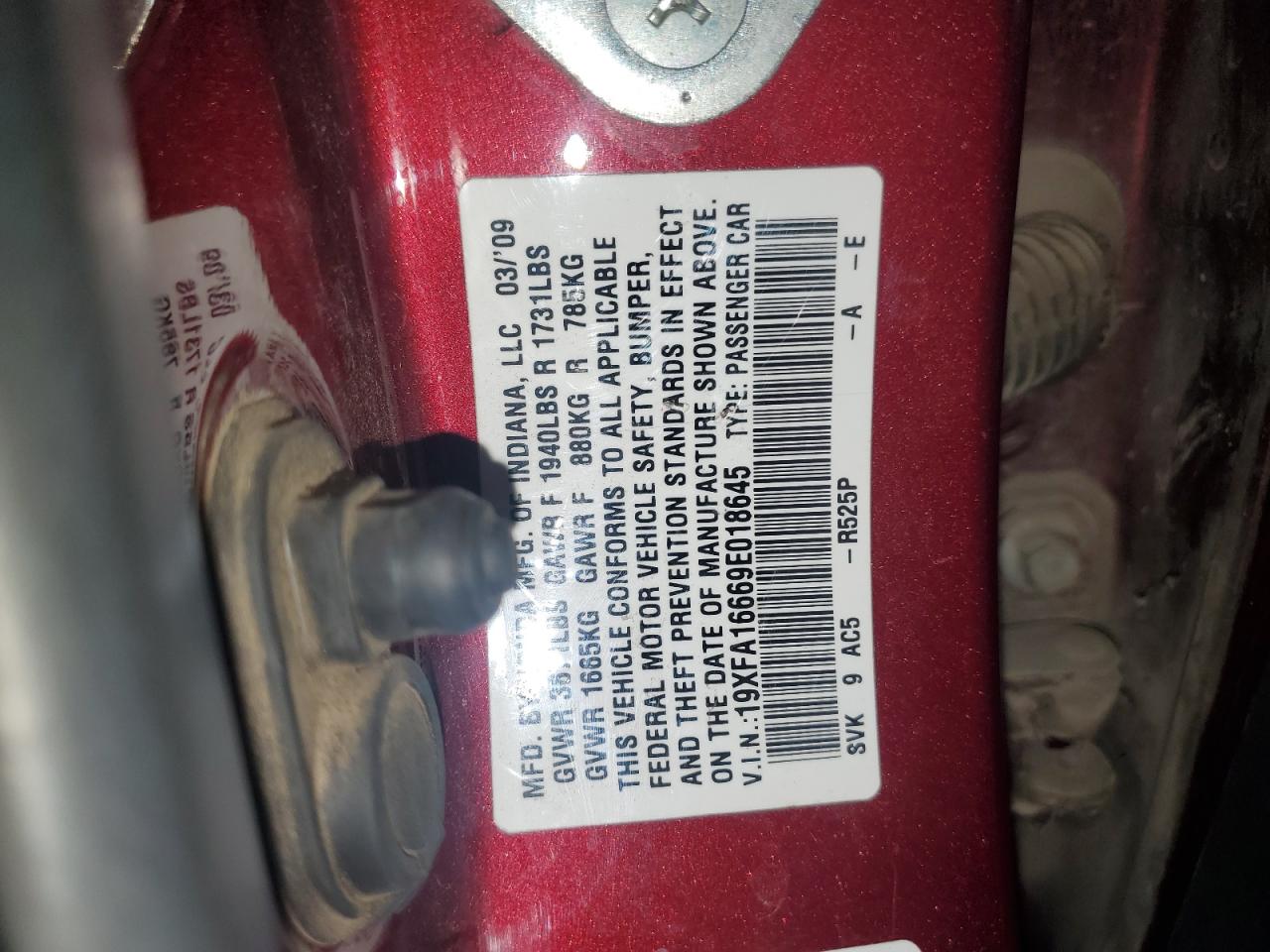 2009 Honda Civic Lx-S VIN: 19XFA16669E018645 Lot: 91821575