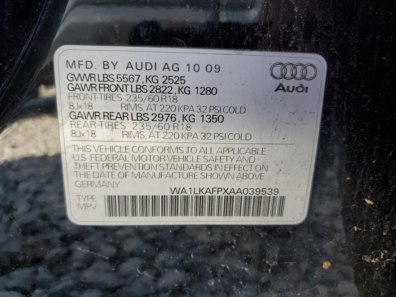 2010 Audi Q5 Premium Plus VIN: WA1LKAFPXAA039539 Lot: 92814215