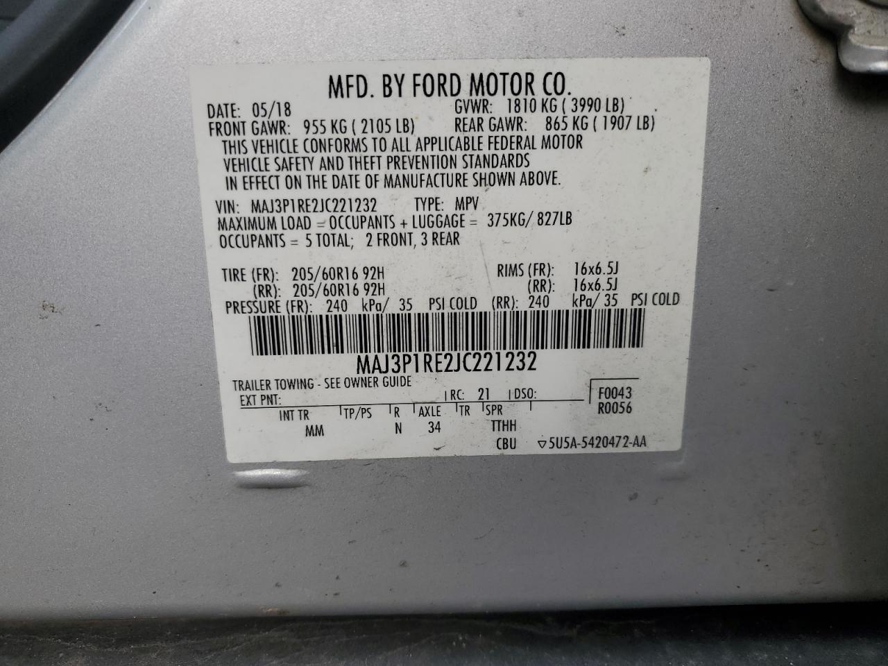 2018 Ford Ecosport S VIN: MAJ3P1RE2JC221232 Lot: 93713855