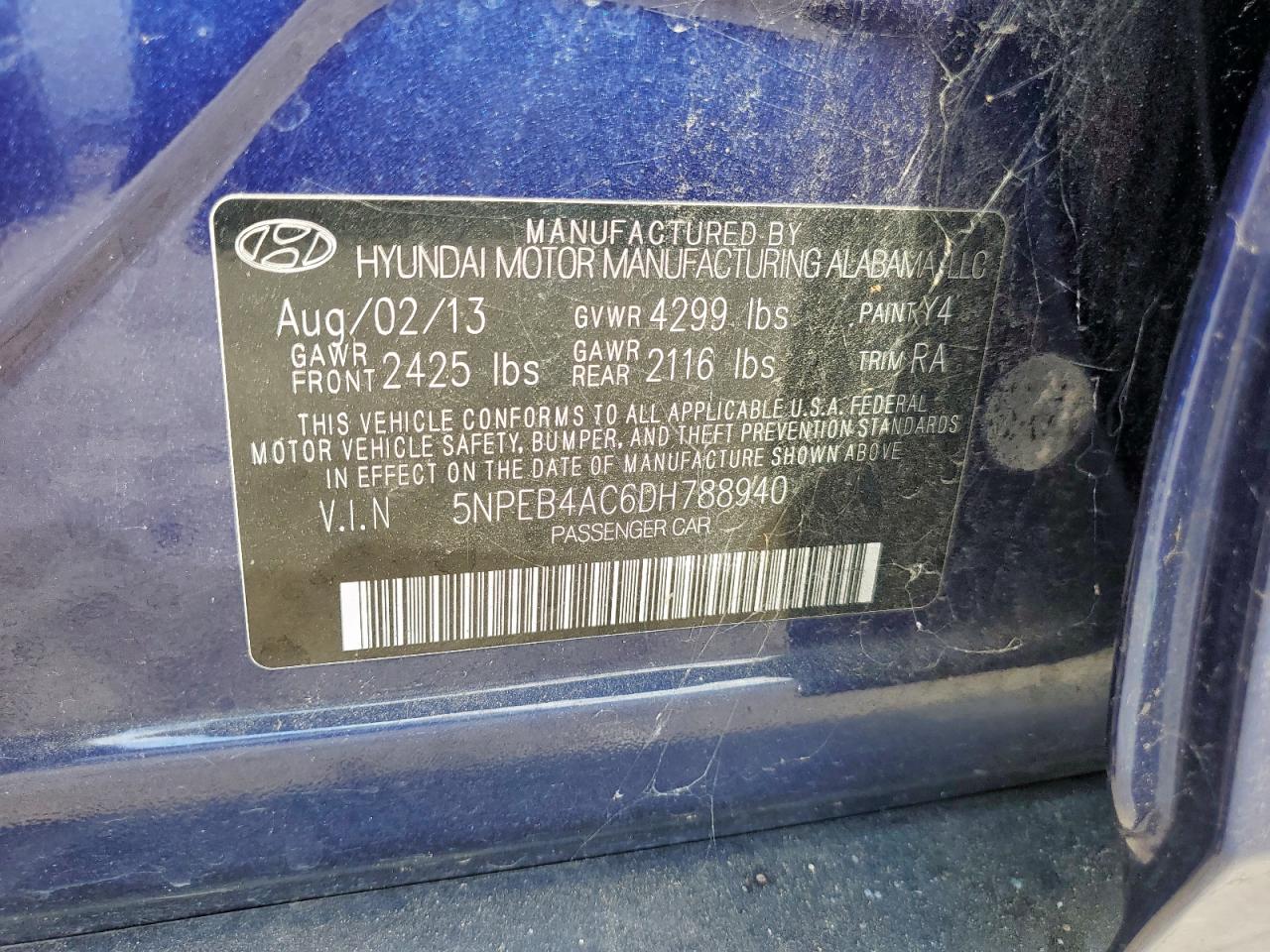 2013 Hyundai Sonata Gls VIN: 5NPEB4AC6DH788940 Lot: 93762075