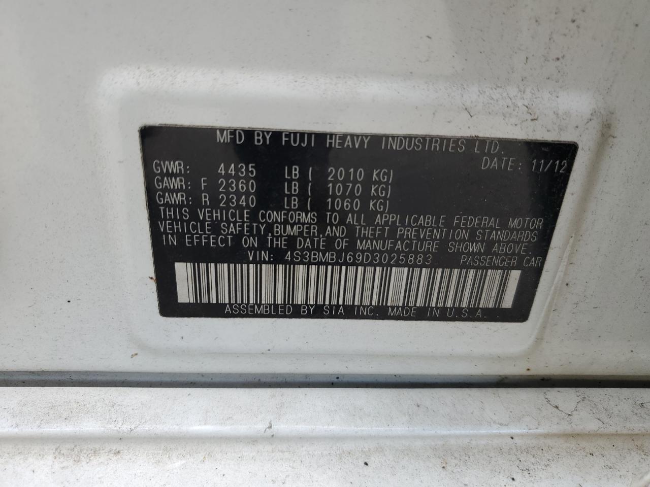 2013 Subaru Legacy 2.5I Limited VIN: 4S3BMBJ69D3025883 Lot: 93570615