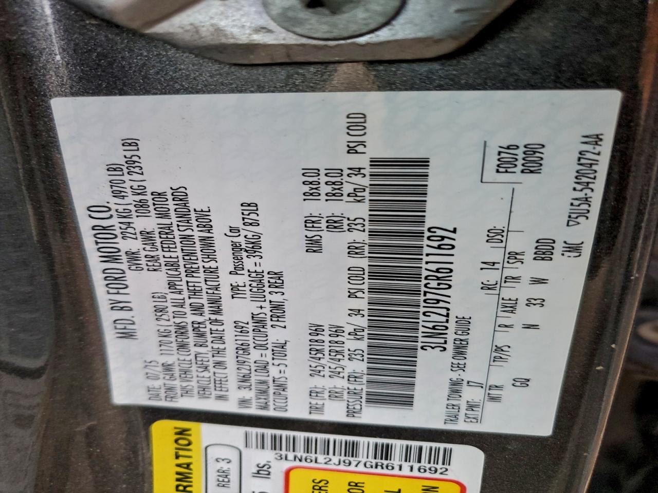 2016 Lincoln Mkz VIN: 3LN6L2J97GR611692 Lot: 94111605