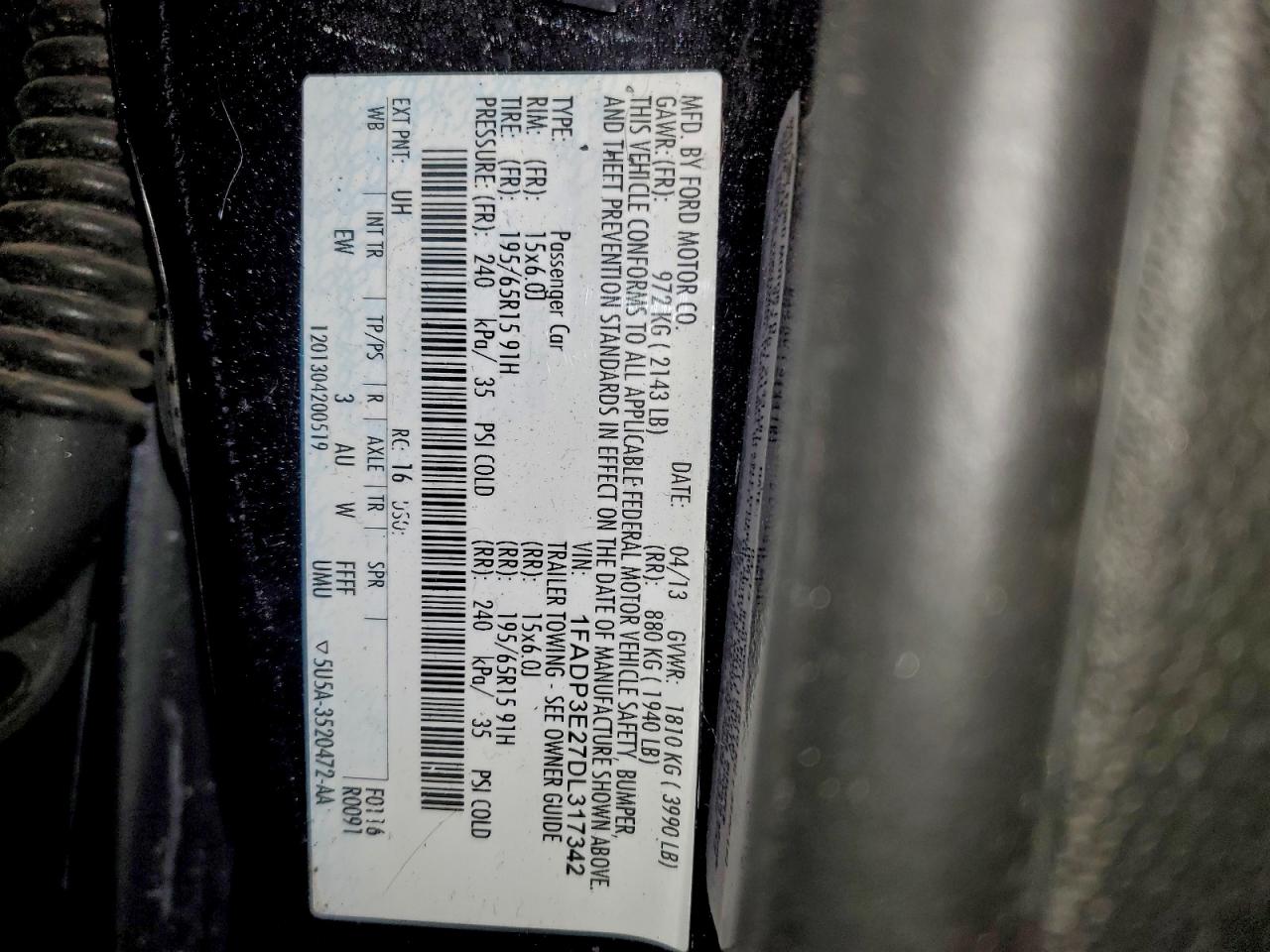 2013 Ford Focus S VIN: 1FADP3E27DL317342 Lot: 94445255