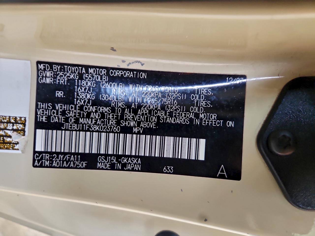 2008 Toyota Fj Cruiser VIN: JTEBU11F38K023760 Lot: 93339485