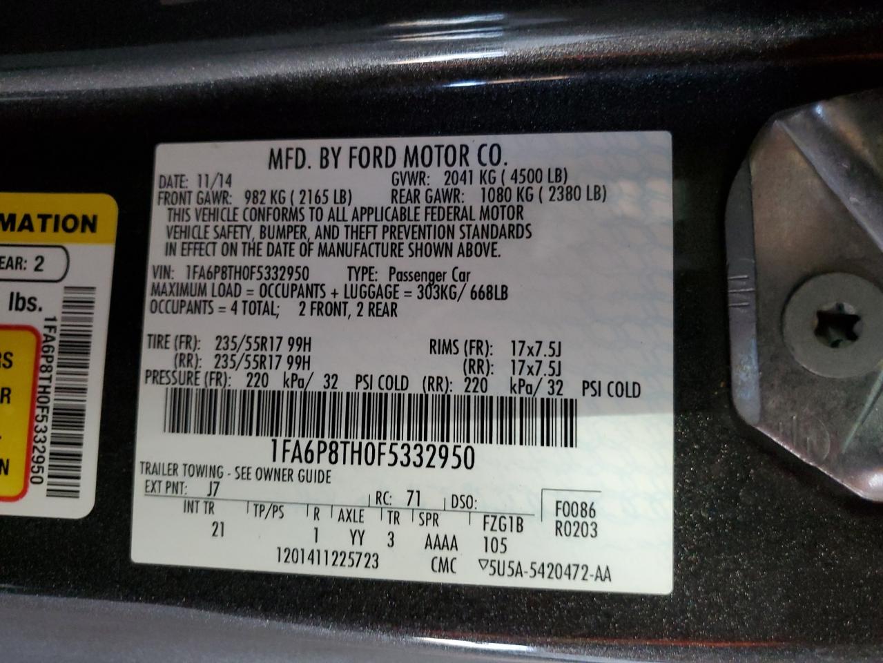 2015 Ford Mustang VIN: 1FA6P8TH0F5332950 Lot: 91490955