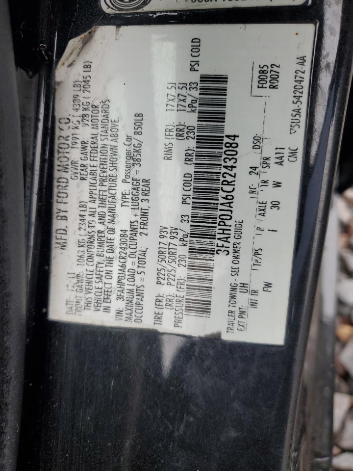 2012 Ford Fusion Sel VIN: 3FAHP0JA6CR243084 Lot: 93021385