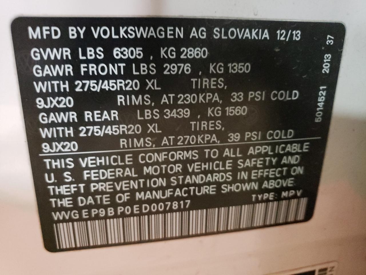 2014 Volkswagen Touareg V6 Tdi VIN: WVGEP9BP0ED007817 Lot: 91733135