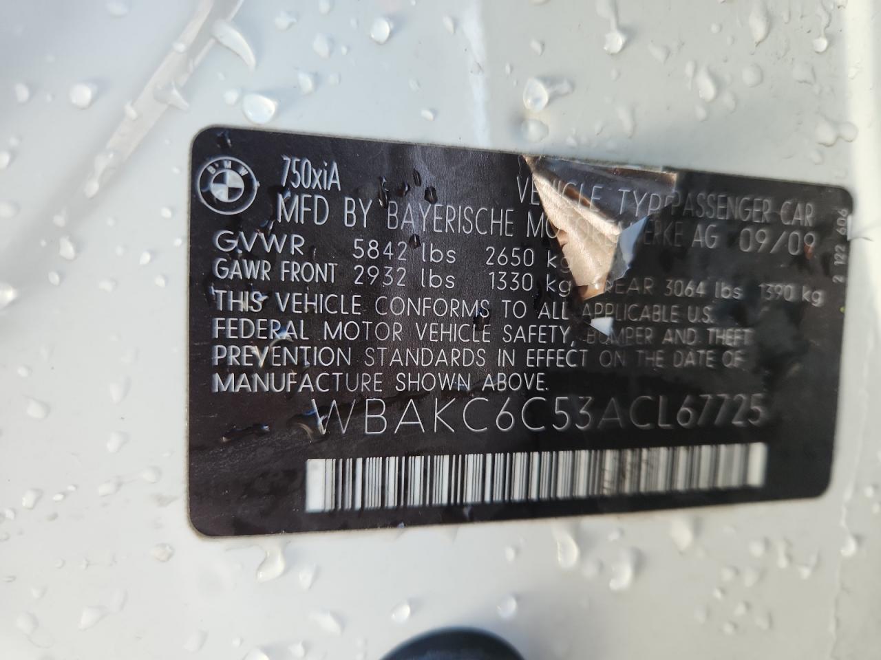 2010 BMW 750 I xDrive VIN: WBAKC6C53ACL67725 Lot: 92725415