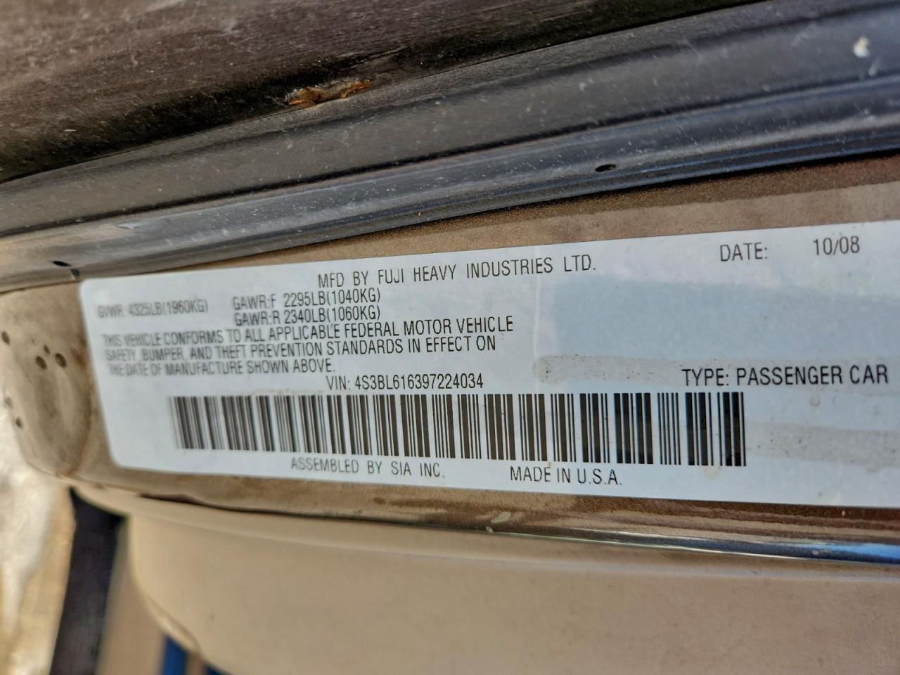 2009 Subaru Legacy 2.5I VIN: 4S3BL616397224034 Lot: 93883245