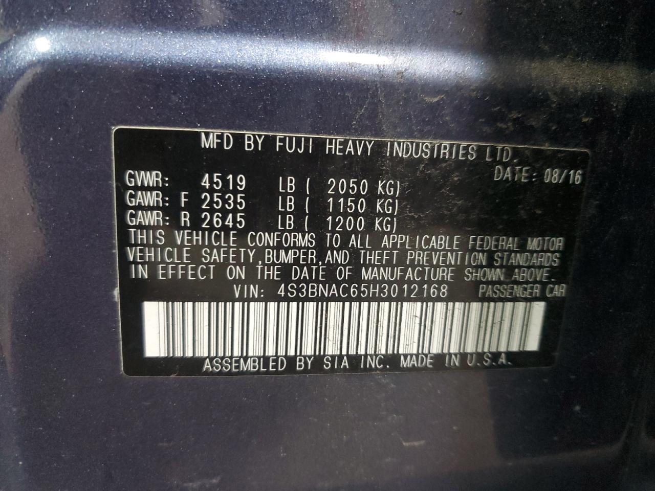 2017 Subaru Legacy 2.5I Premium VIN: 4S3BNAC65H3012168 Lot: 91696085