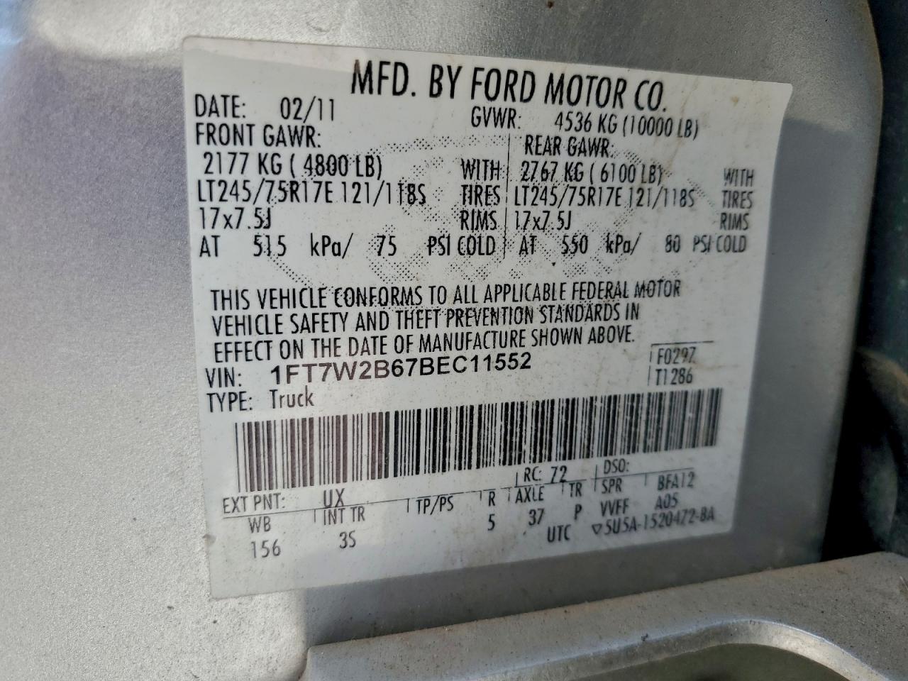 2011 Ford F250 Super Duty VIN: 1FT7W2B67BEC11552 Lot: 93357495