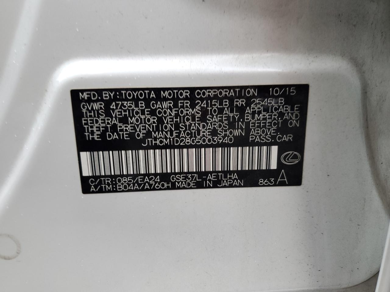 2016 Lexus Is 300 VIN: JTHCM1D28G5003940 Lot: 92924315