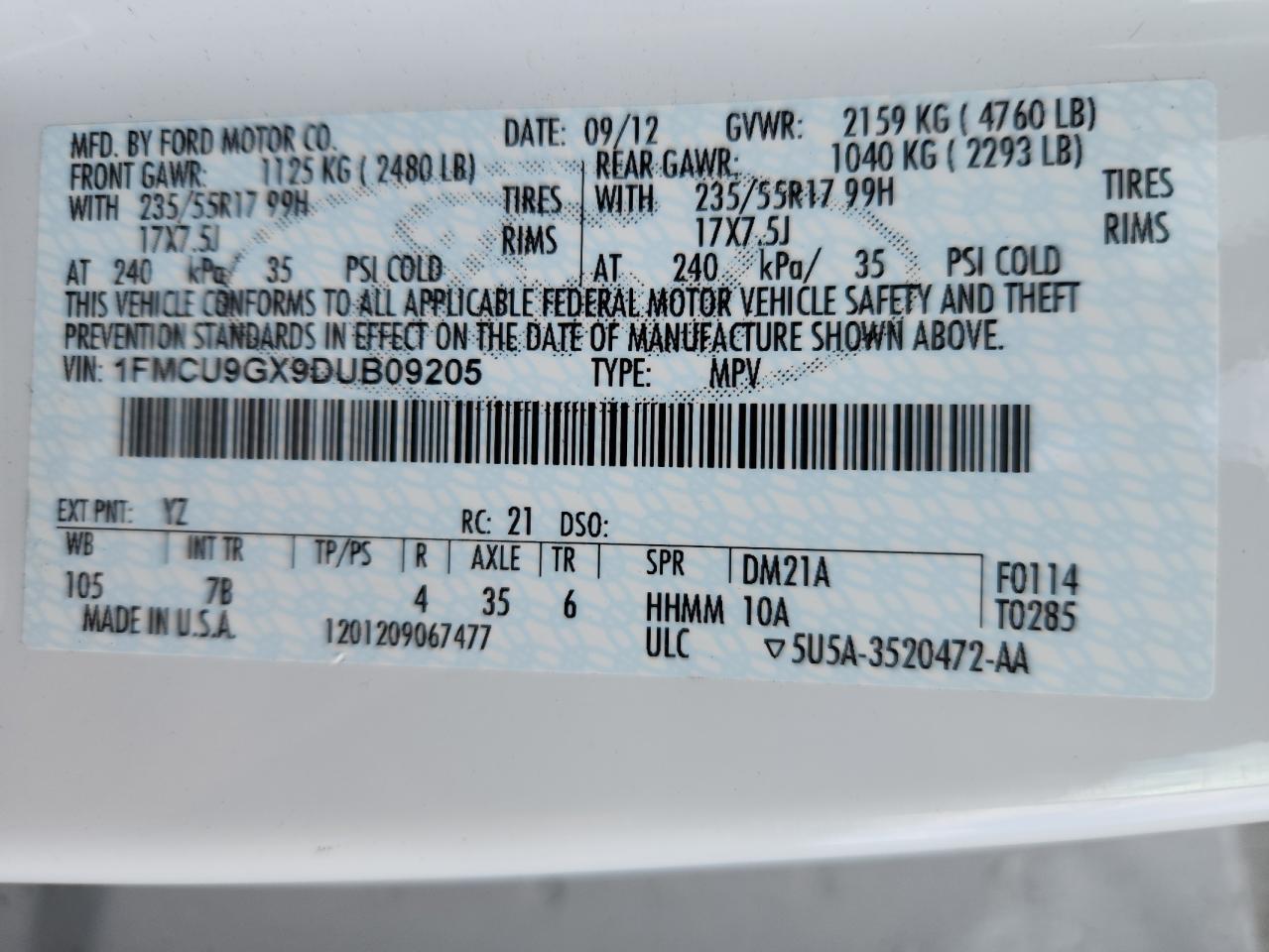 2013 Ford Escape Se VIN: 1FMCU9GX9DUB09205 Lot: 92942325