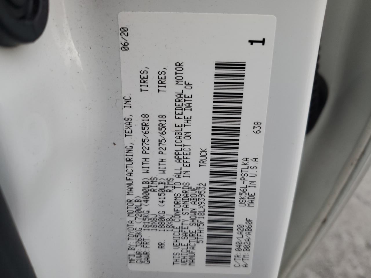 2020 Toyota Tundra Crewmax Limited VIN: 5TFHY5F18LX939532 Lot: 92362245