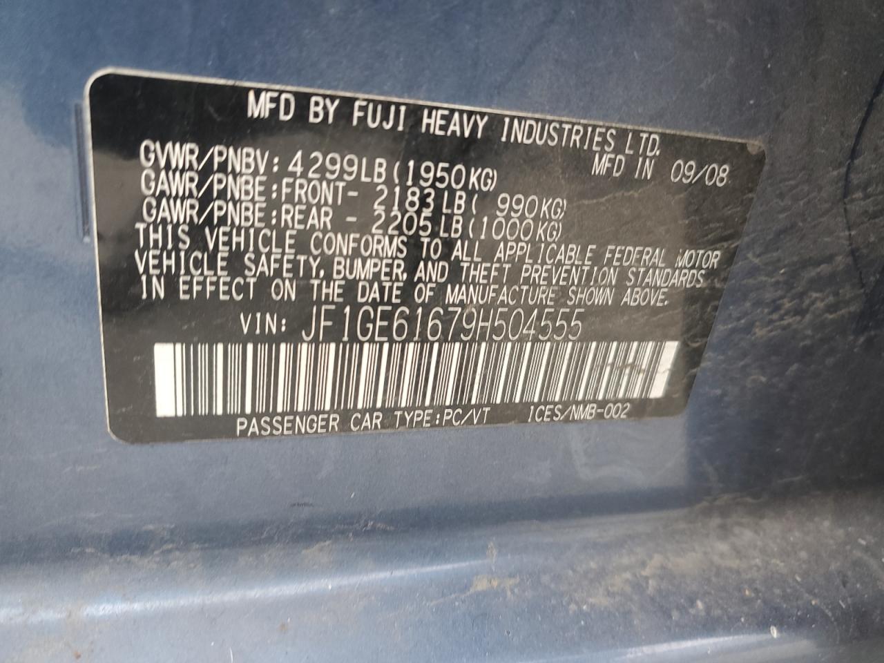 2009 Subaru Impreza 2.5I VIN: JF1GE61679H504555 Lot: 93391795