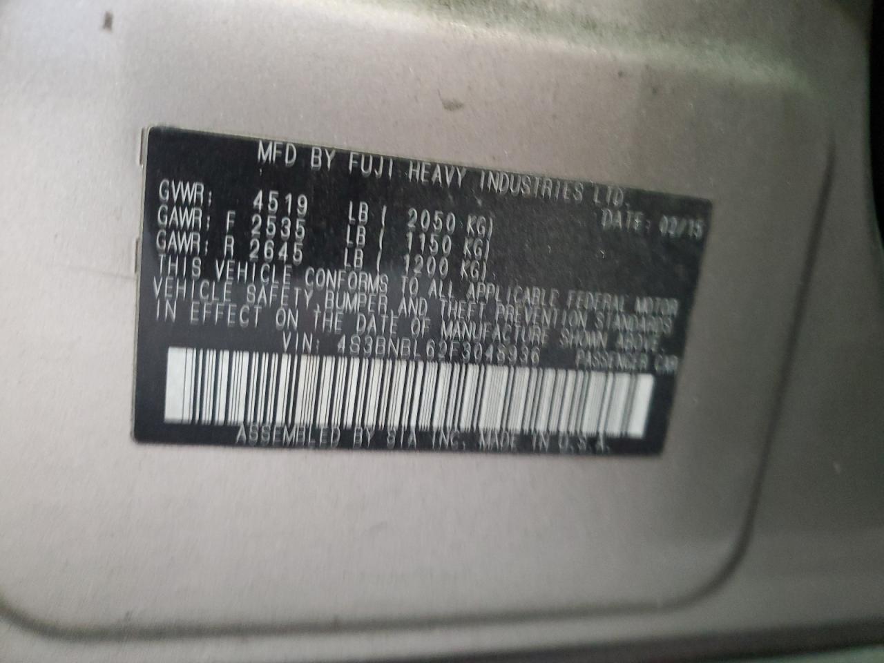 2015 Subaru Legacy 2.5I Limited VIN: 4S3BNBL62F3048936 Lot: 92874675