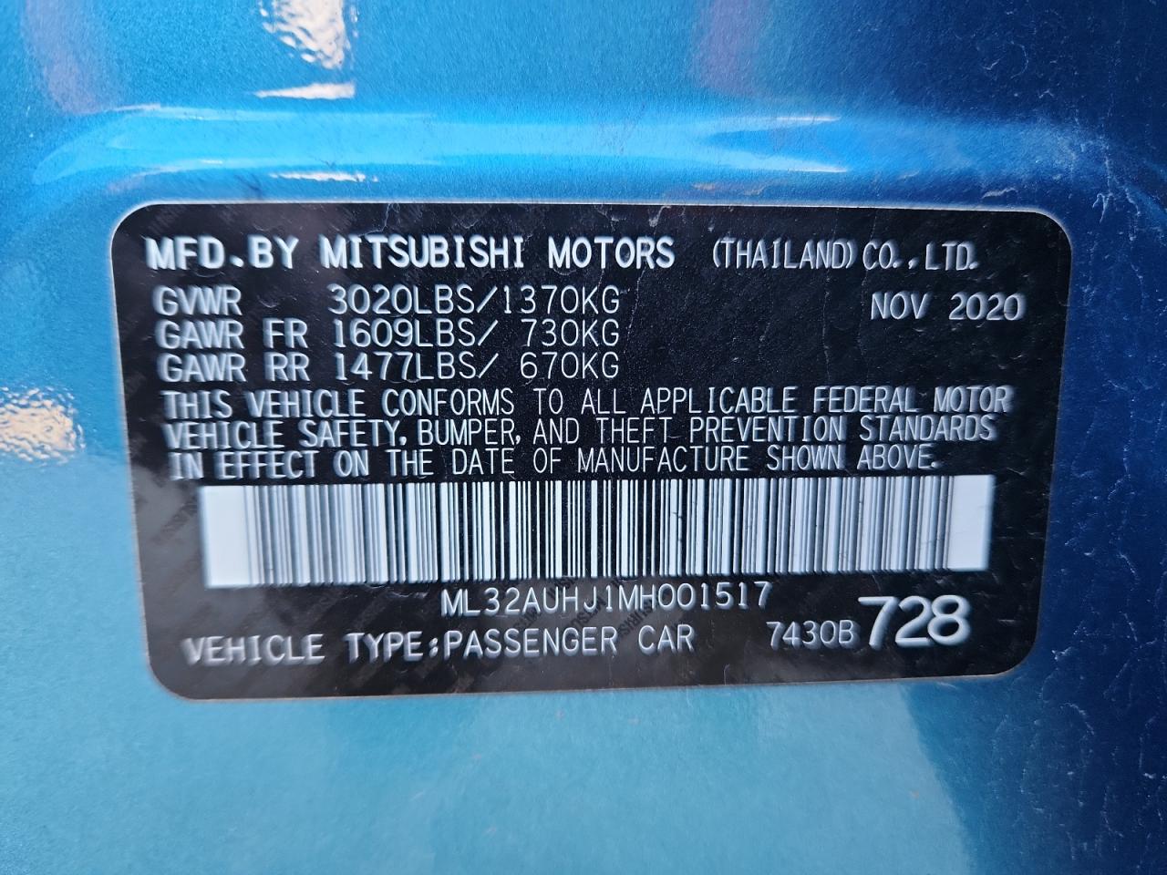 2021 Mitsubishi Mirage Es VIN: ML32AUHJ1MH001517 Lot: 93558615