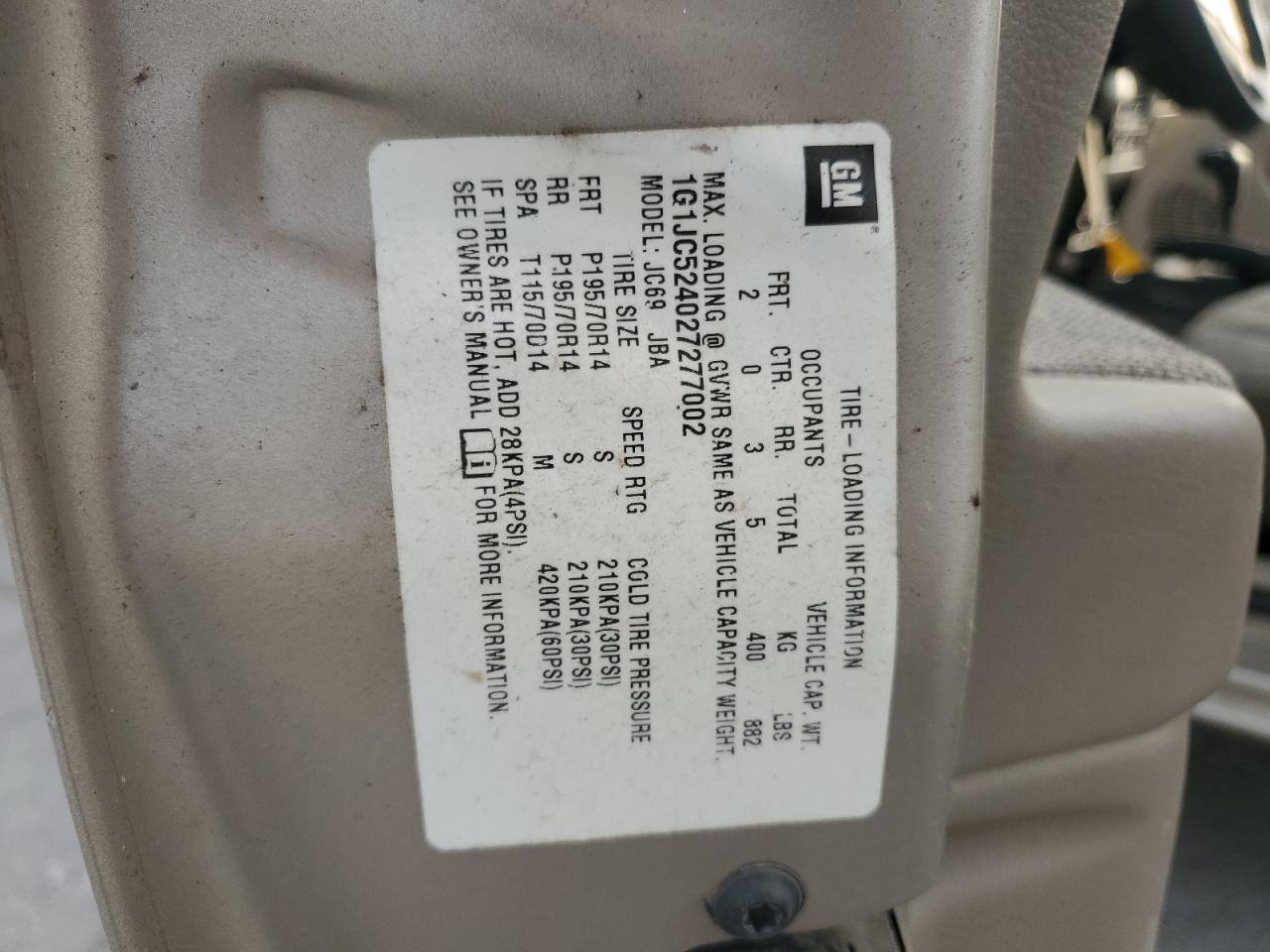 2002 Chevrolet Cavalier Base VIN: 1G1JC524027277002 Lot: 93175095