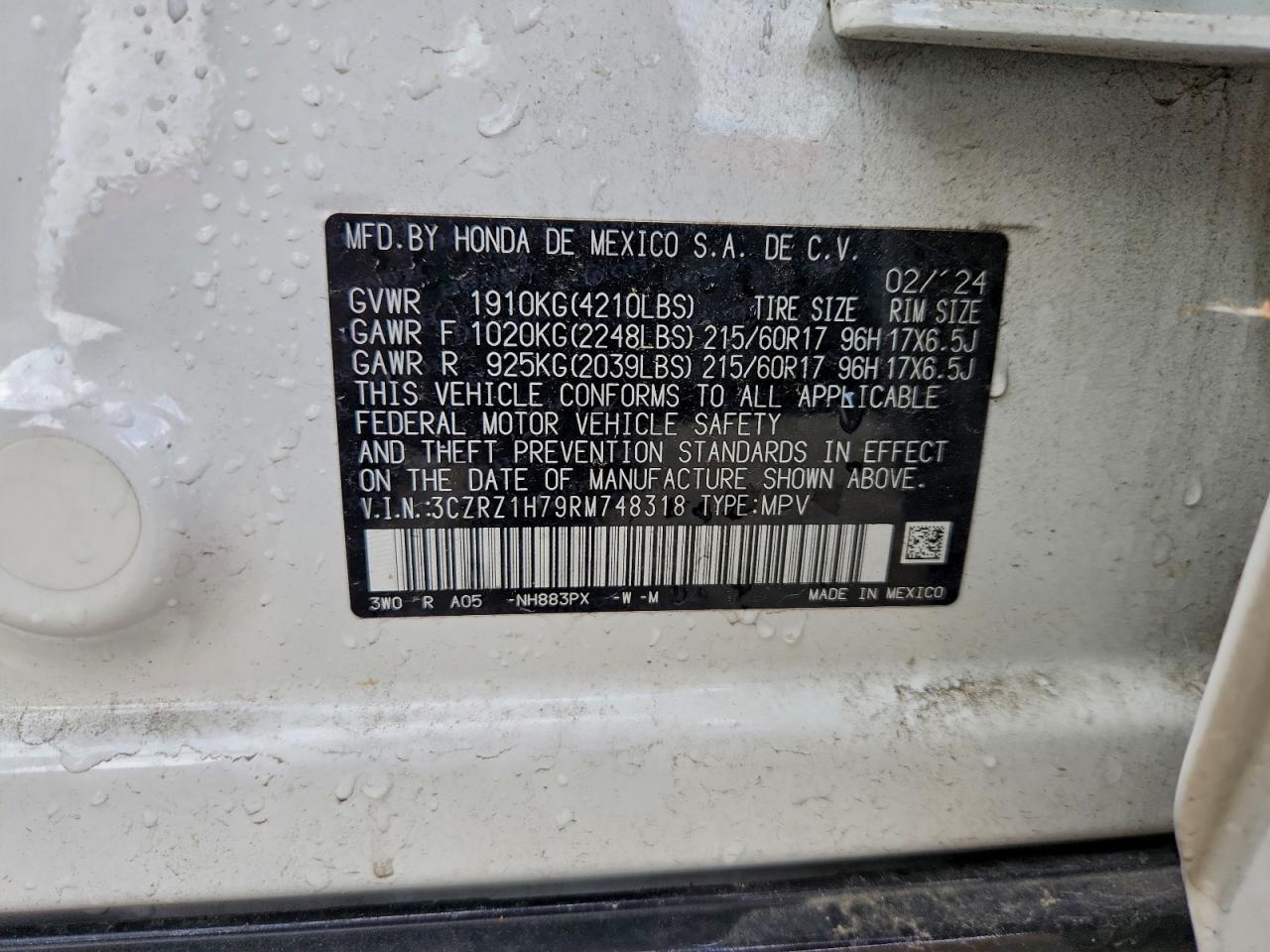 2024 Honda Hr-V Exl VIN: 3CZRZ1H79RM748318 Lot: 94420155