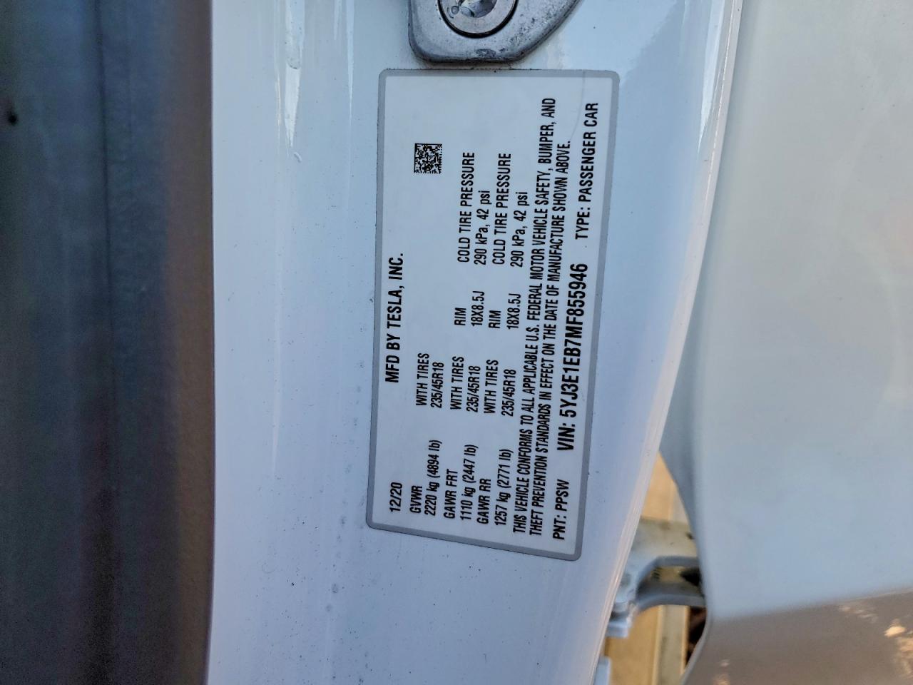 2021 Tesla Model 3 VIN: 5YJ3E1EB7MF855946 Lot: 94432955