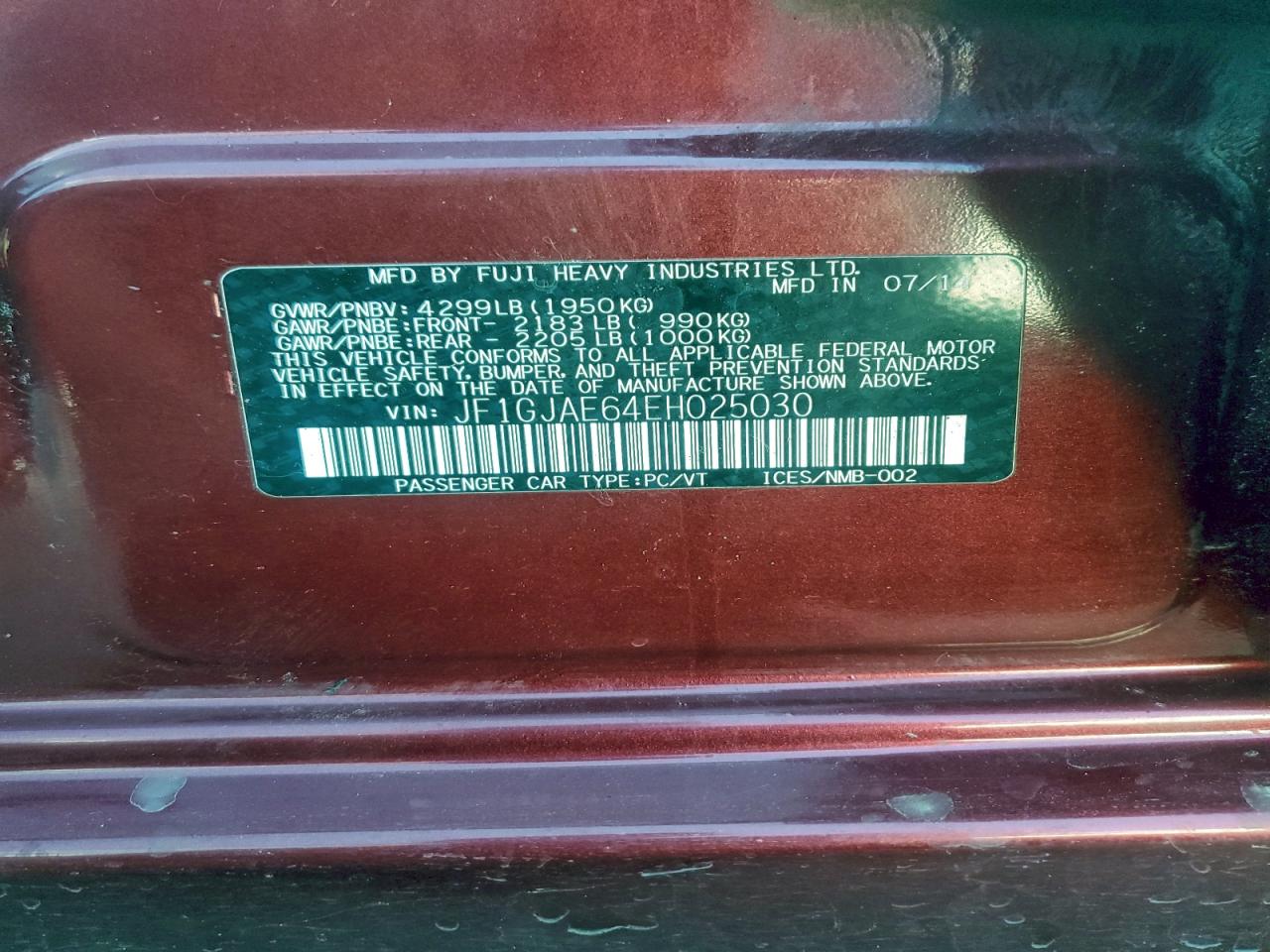 2014 Subaru Impreza Premium VIN: JF1GJAE64EH025030 Lot: 94342515