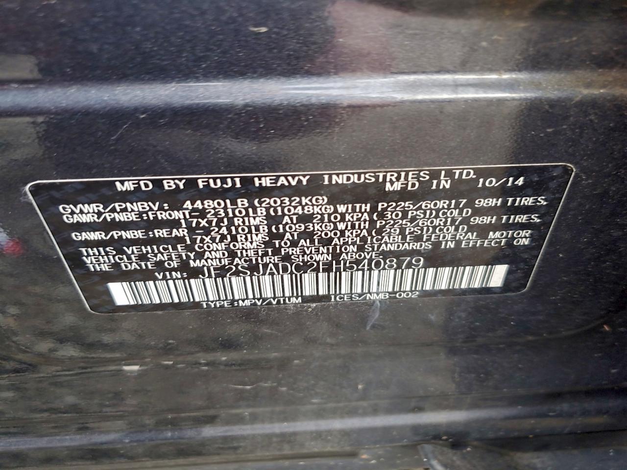 2015 Subaru Forester 2.5I Premium VIN: JF2SJADC2FH540879 Lot: 94051125