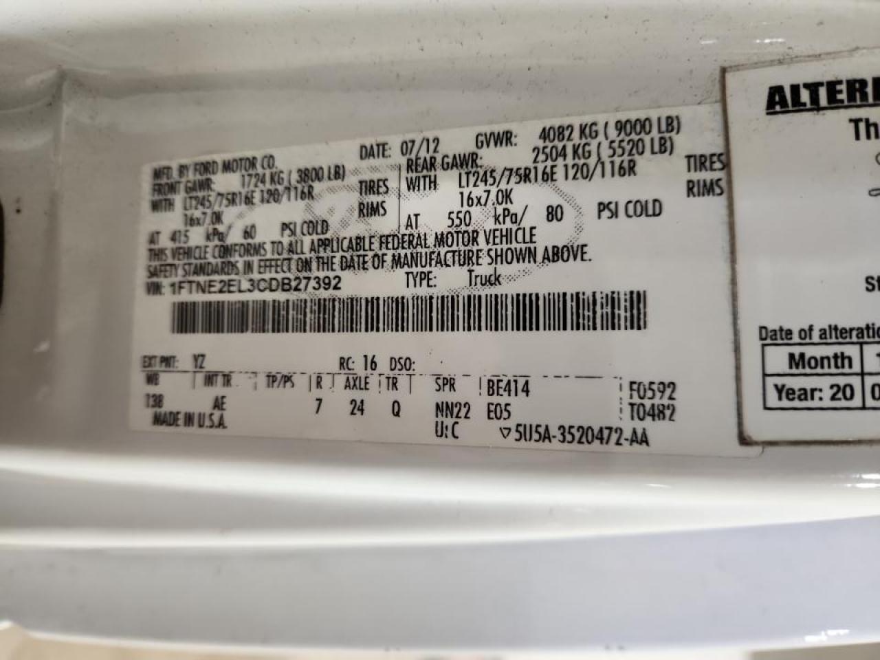 2012 Ford E250 Delivery Van VIN: 1FTNE2EL3CDB27392 Lot: 92927305