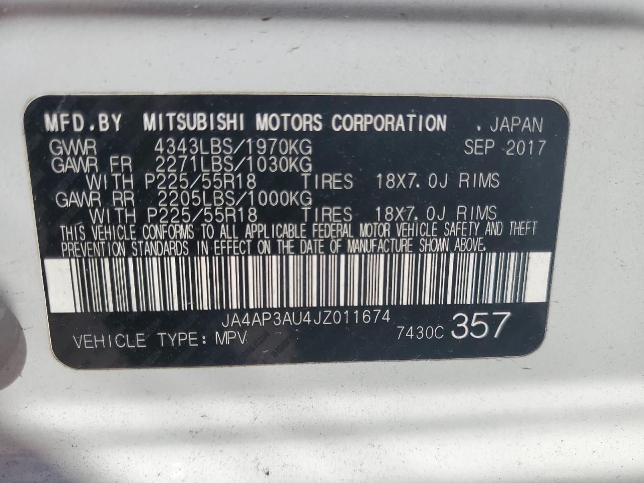 2018 Mitsubishi Outlander Sport Es VIN: JA4AP3AU4JZ011674 Lot: 91460965