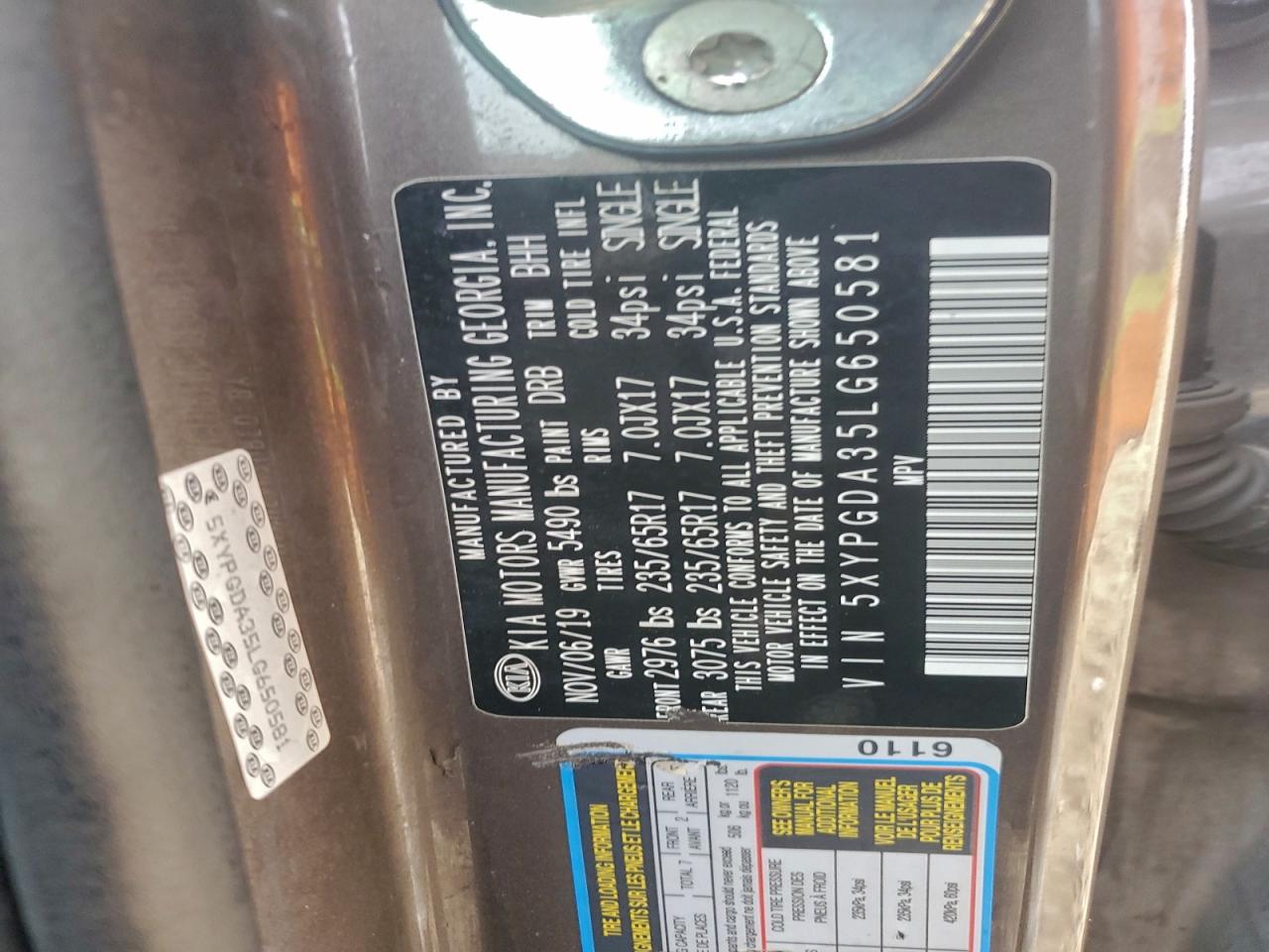 2020 Kia Sorento L VIN: 5XYPGDA35LG650581 Lot: 93974175