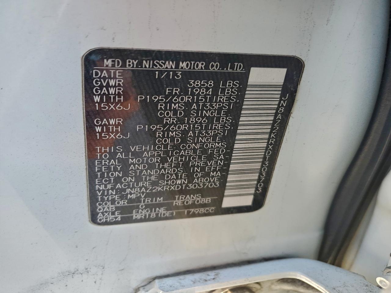 2013 Nissan Cube S VIN: JN8AZ2KRXDT303703 Lot: 93985365