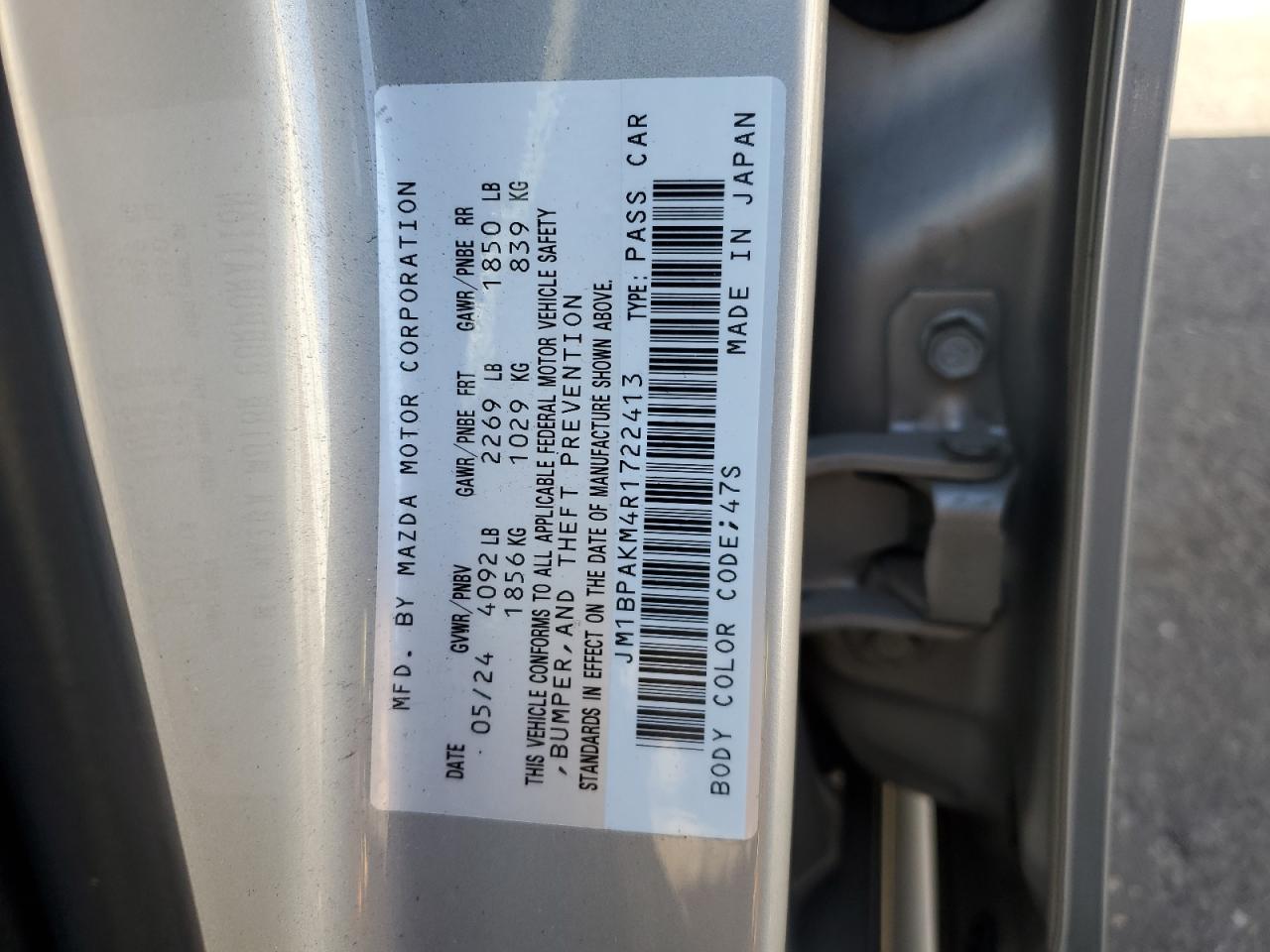 2024 Mazda 3 Select Sport VIN: JM1BPAKM4R1722413 Lot: 92111045