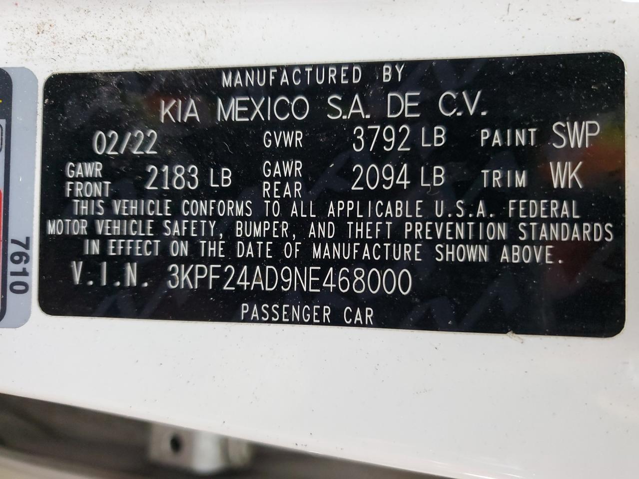 2022 Kia Forte Fe VIN: 3KPF24AD9NE468000 Lot: 92859765