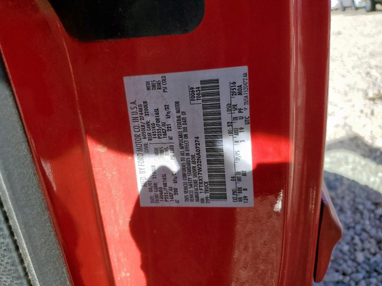 2002 Ford F150 VIN: 1FTRX17W32NA07274 Lot: 93309905