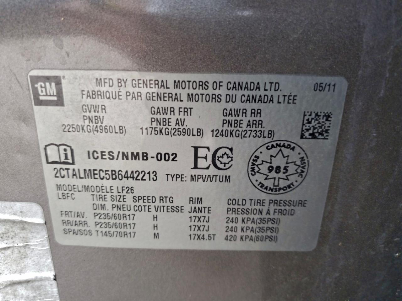 2011 GMC Terrain Sle VIN: 2CTALMEC5B6442213 Lot: 93644555