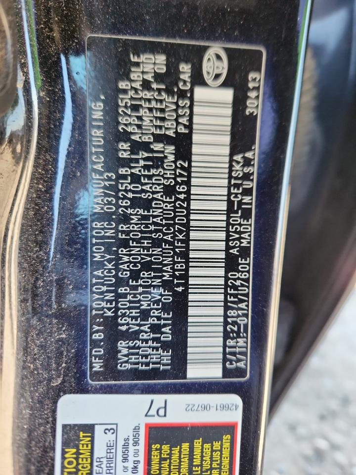 2013 Toyota Camry L VIN: 4T1BF1FK7DU246172 Lot: 92130795