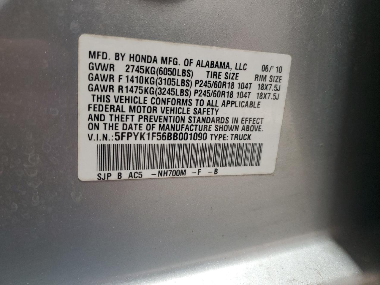 2011 Honda Ridgeline Rtl VIN: 5FPYK1F56BB001090 Lot: 91961515