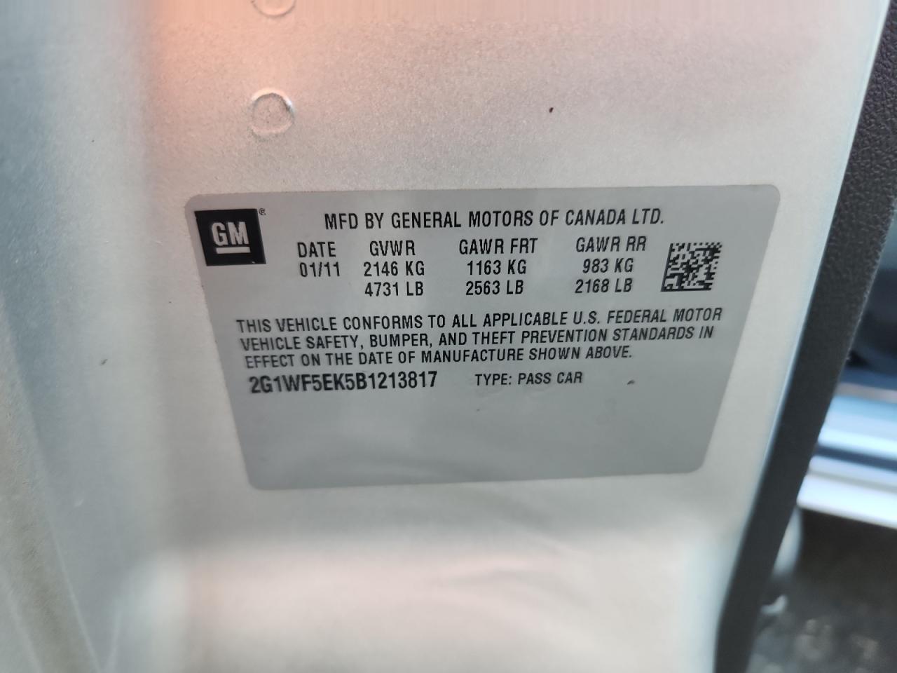 2011 Chevrolet Impala Ls VIN: 2G1WF5EK5B1213817 Lot: 92871765