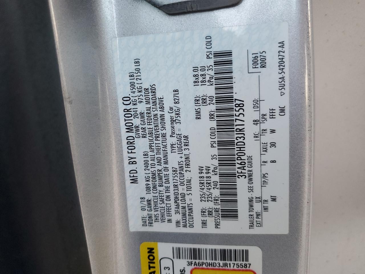 2018 Ford Fusion Se VIN: 3FA6P0HD3JR175587 Lot: 92636865