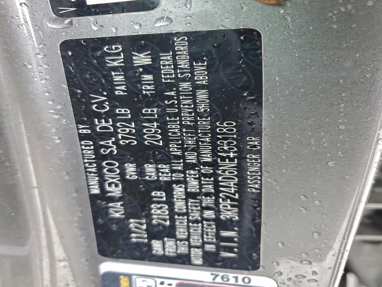 2022 Kia Forte Fe VIN: 3KPF24AD6NE433186 Lot: 94554195